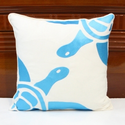 Ivory linen decorative pillow with sky blue sea turtles embroidery